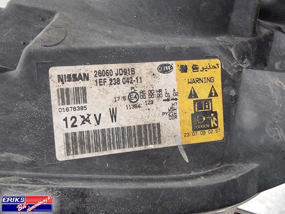 Frontlykt venstre xenon til Nissan Qashqai 2007-2010 (Type I, Fase 1)  (HELLA|26060JD91B|26060JD90B|)