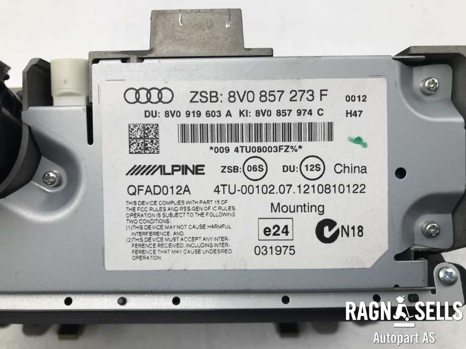 Bilstereo navigasjon skjerm til Audi A3 2012-2016 (Type III, Fase 1)  (AUDI|8V0857273F|)