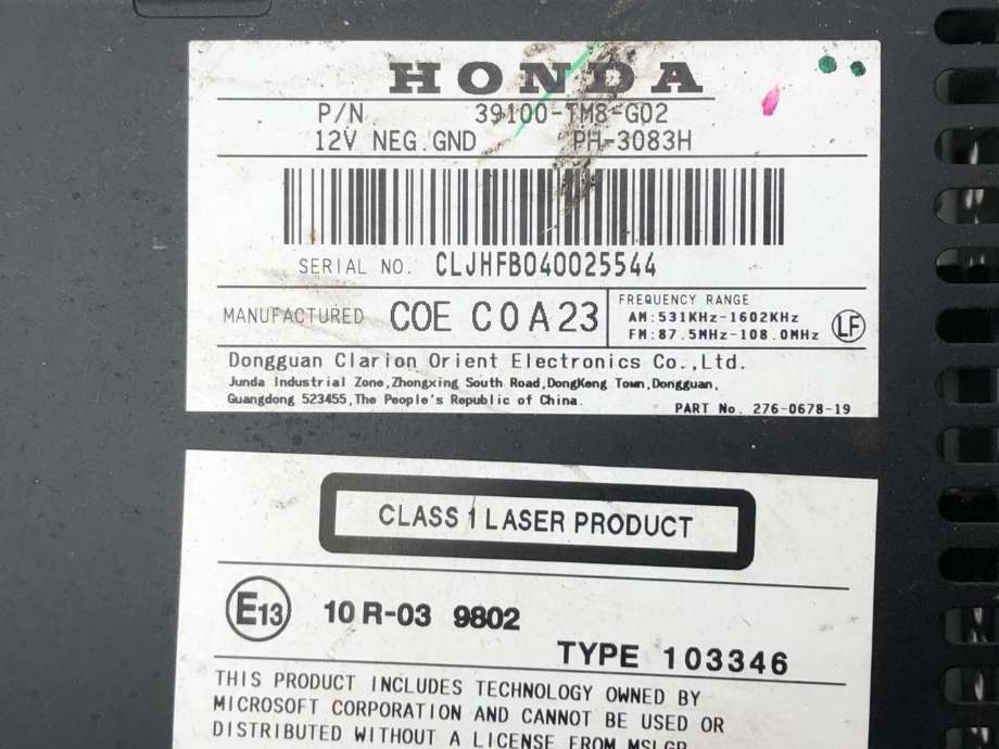 Bilstereo til Honda Insight 2009-2013  (39100TM8G02|PH3083H|)