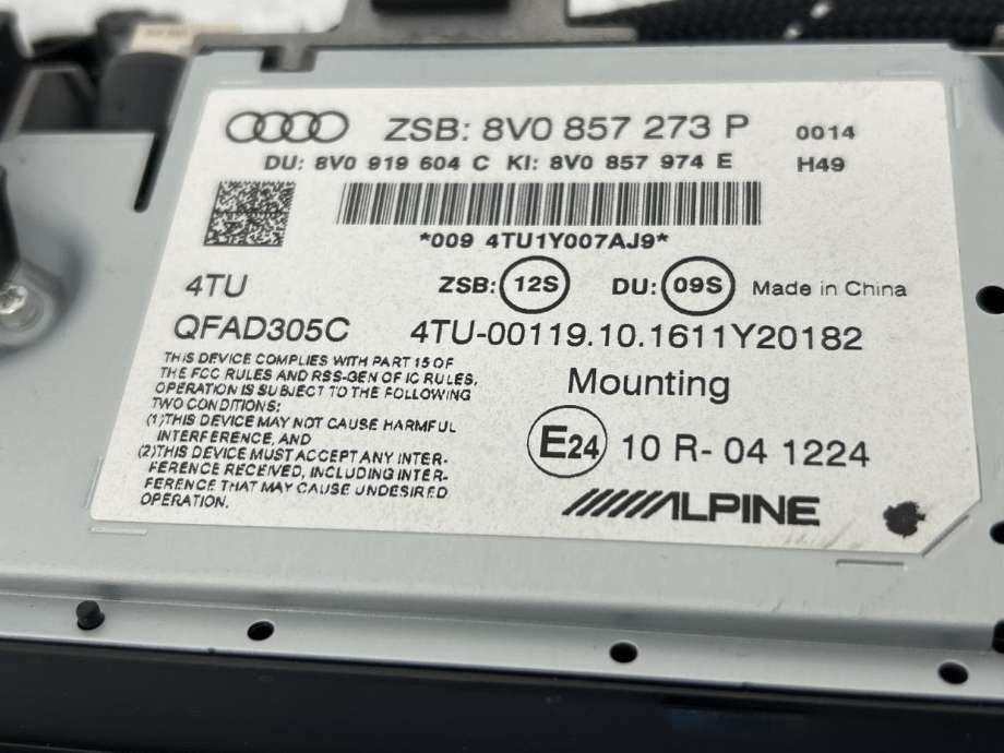 Bilstereo navigasjon skjerm til Audi A3 2016-2020 (Type III, Fase 2)  (8V0 857 273 P|8V0 857 273 P  6PS|)