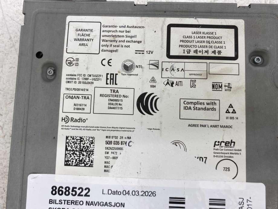 Bilstereo navigasjon til Škoda Octavia 2017-2020 (Type III, Fase 2) (5Q0 035 874 C|)