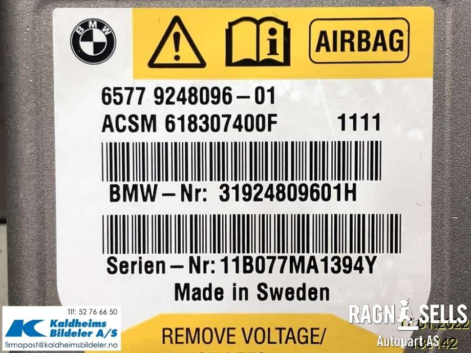 Airbag elektronikk til BMW 5-Serie 2010-2017 (F10/F11) (F10/F11) (65 77 9 266 329|65 77 9 248 096|31924809601H)