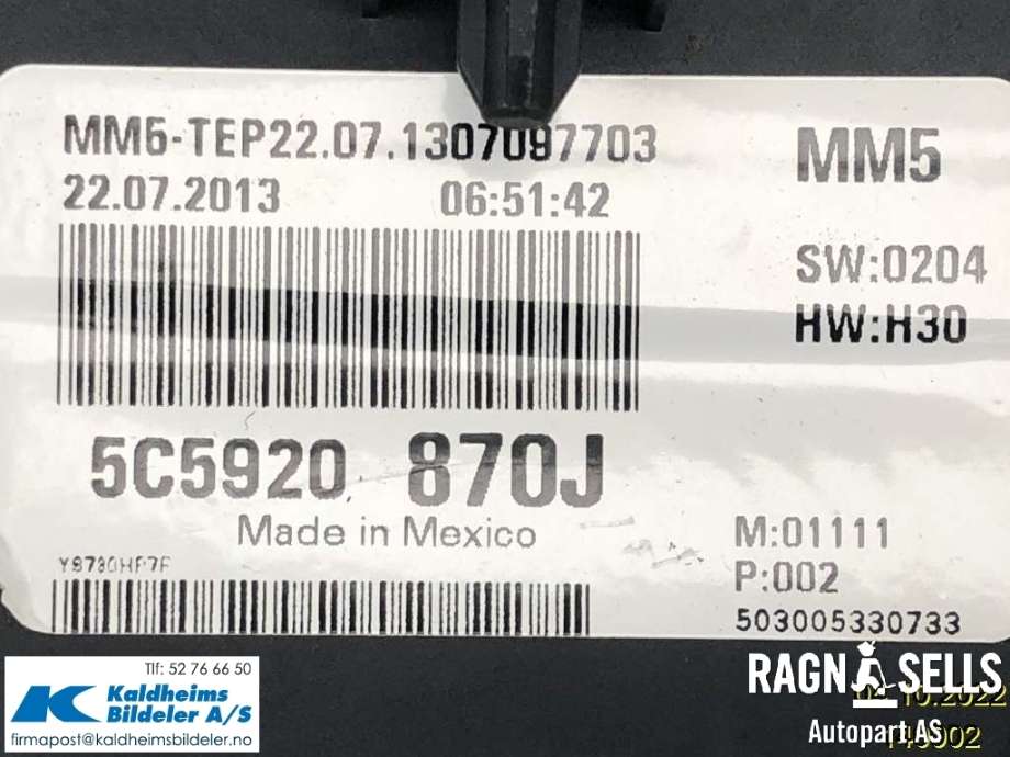 Speedometer til VW Beetle 2011-2018 (Type II)  (5C5920870J|F 5C5 920 870 JX)