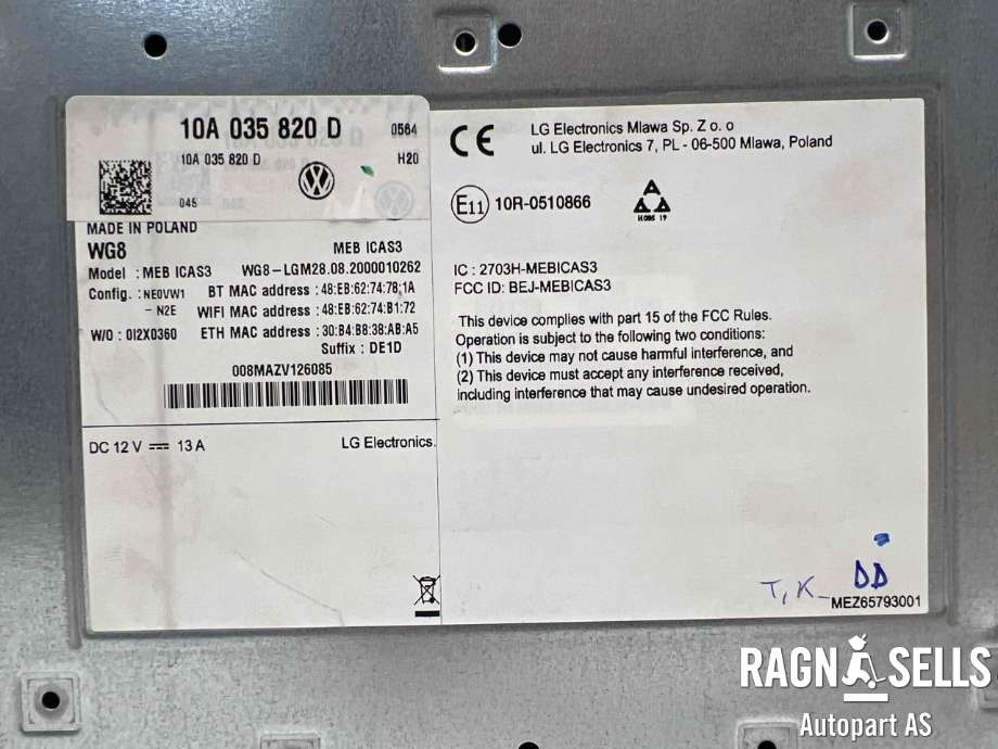 Bilstereo til VW ID.3 2020-->>  (10A 035 820 D|10A 035 820 J|)