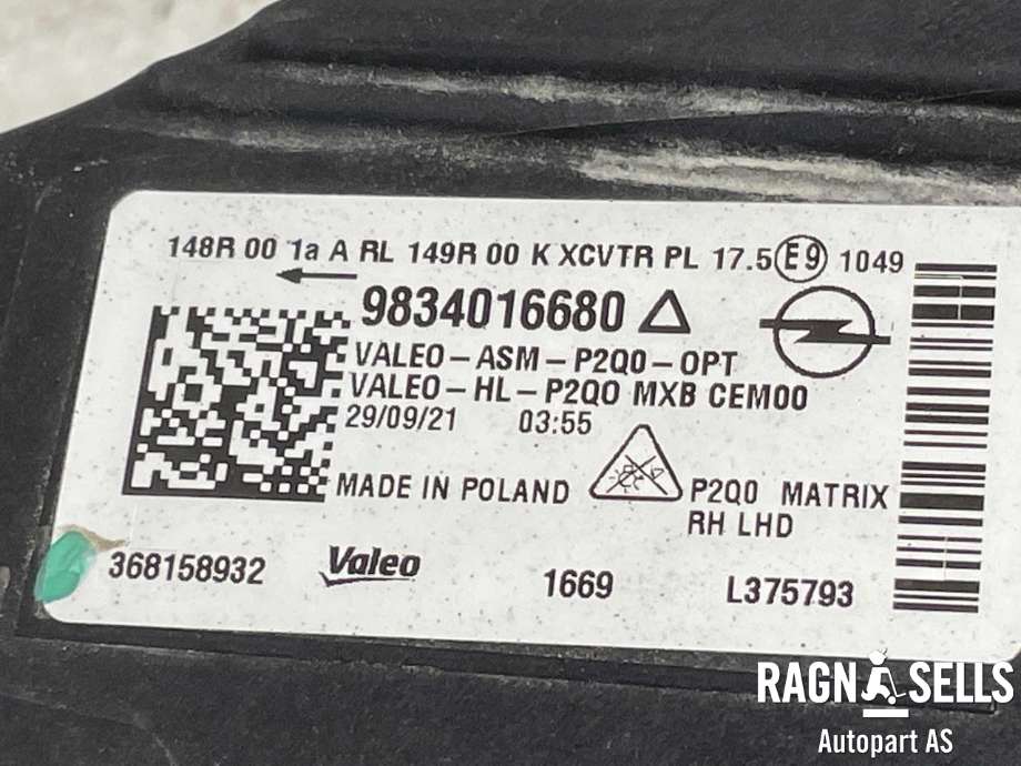 Frontlykt høyre full-LED til Opel Mokka E 2020-->> (Type II) (VALEO|9834016680|L375793|)