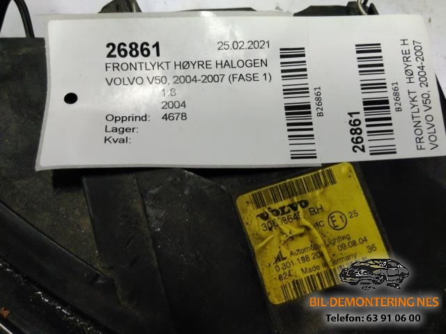 Frontlykt høyre halogen til Volvo V50 2004-2007 (Fase 1)  (30698649|)