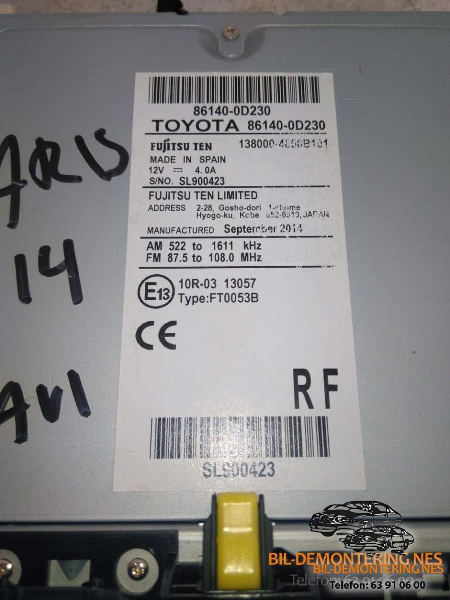 Bilstereo navigasjon til Toyota Yaris 2012-2014 (Type III, Fase 1)  