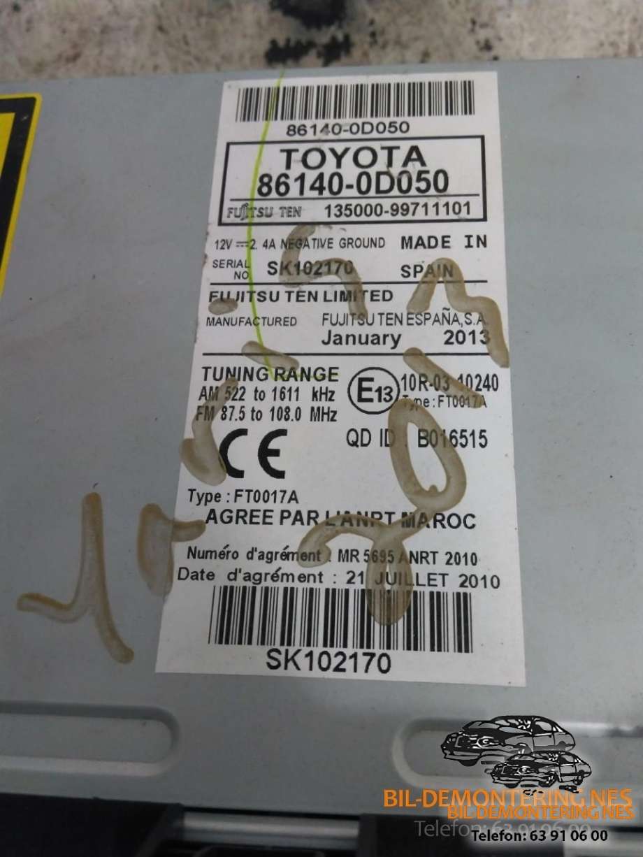 Bilstereo til Toyota Yaris 2012-2014 (Type III, Fase 1)  (861400D050|)