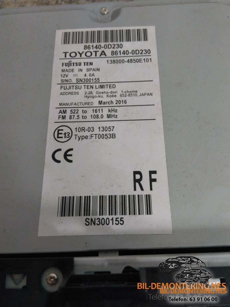 Bilstereo til Toyota Yaris 2012-2014 (Type III, Fase 1)  (861400D230|)