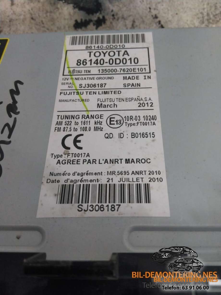 Bilstereo til Toyota Yaris 2012-2014 (Type III, Fase 1)  (861400D010|)