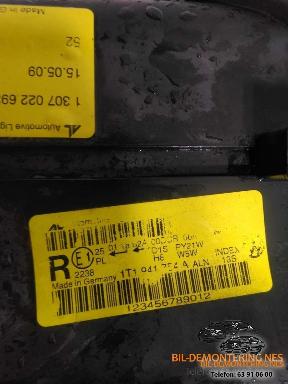 Frontlykt høyre xenon til VW Touran 2007-2010 (Type I, Fase 2)  (1T1941754A|1307329120|130702269300)