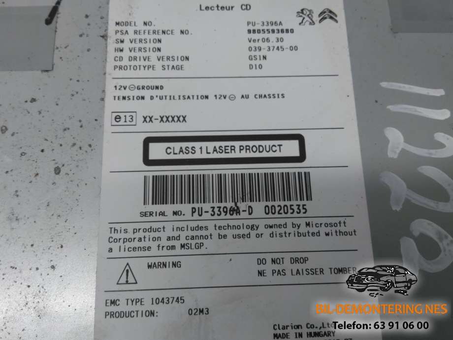 Bilstereo CD-veksler til Peugeot 308 2013-2021 (Type II)  (9805593680|)