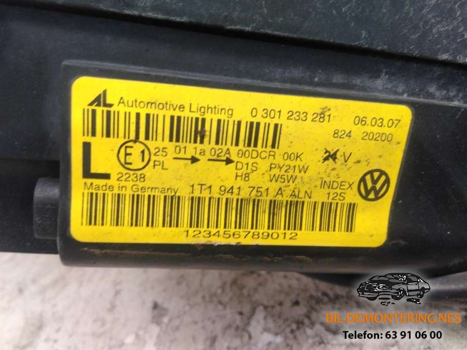 Frontlykt venstre xenon til VW Touran 2007-2010 (Type I, Fase 2)  (1 307 329 120|)