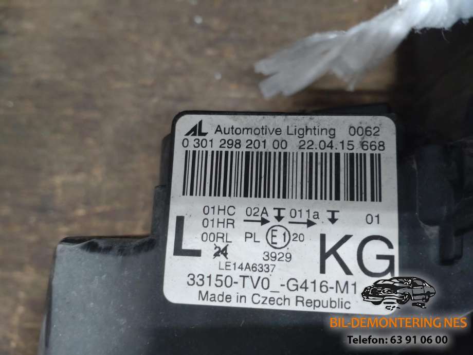 Frontlykt venstre halogen til Honda Civic 2015-2017 (Type IX, Fase 2)