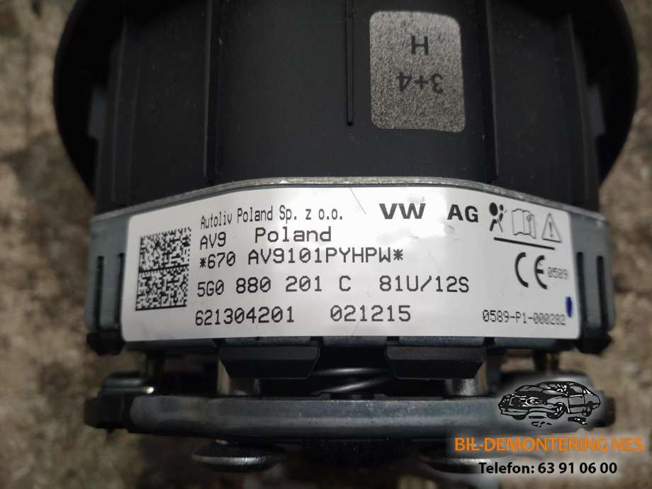 Airbag rattpute til VW e-Golf 2014-2017 (Fase 1)  (5G0880201C|)