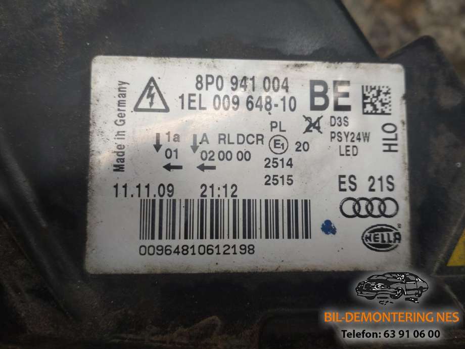 Frontlykt høyre xenon til Audi A3 2009-2012 (Type II, Fase 2) (HELLA/AUDI|8P0941004BE|)