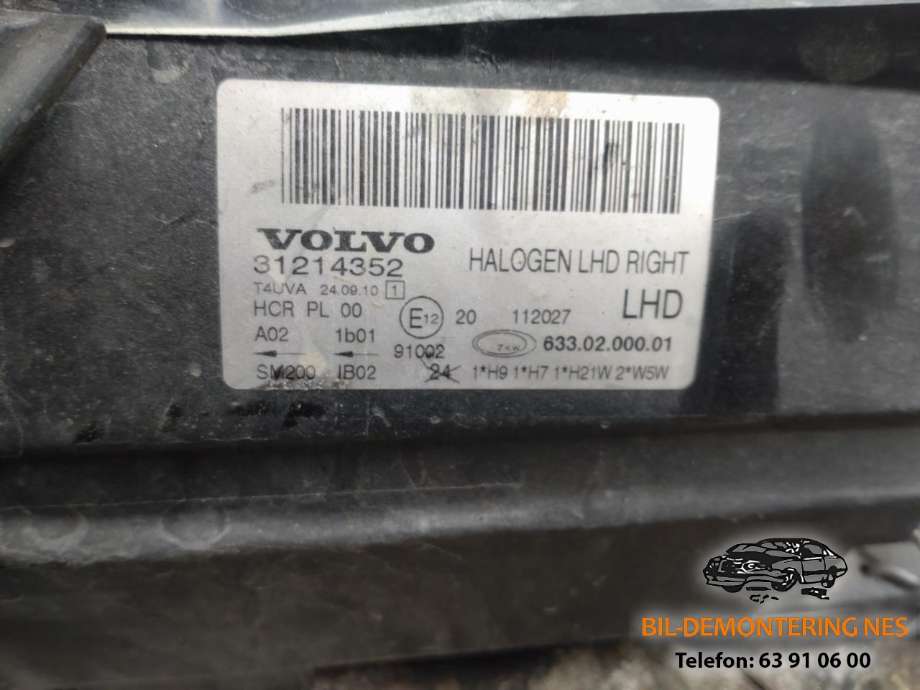 Frontlykt høyre halogen til Volvo V70 2007-2013 (Type III, Fase 1)  (31214352|)