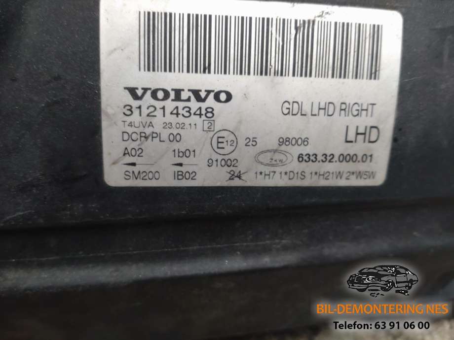Frontlykt høyre xenon til Volvo V70 2007-2013 (Type III, Fase 1)  (VOLVO|31214348|)