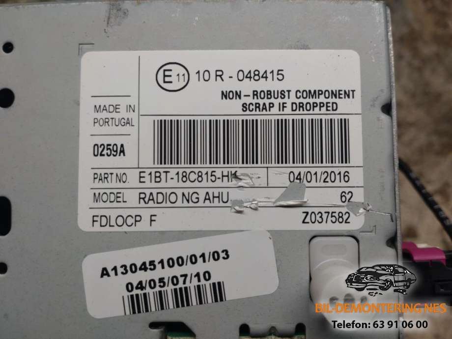 Bilstereo CD-veksler til Ford Fiesta 2013-2017 (Type VI, Fase 2)  (10R-048415|E1BT-18C815HK|)