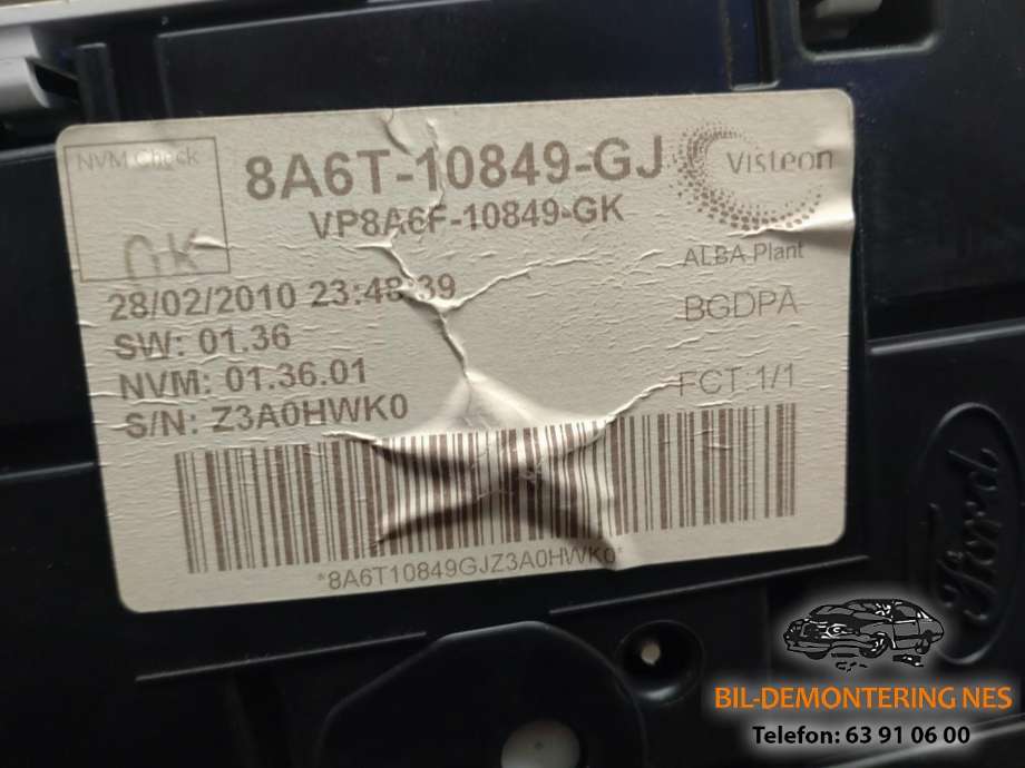 Instrumentpanel til Ford Fiesta 2008-2012 (Type VI, Fase 1)  (8A6T-10849-GJ|VP8A6F-10849-GK|)