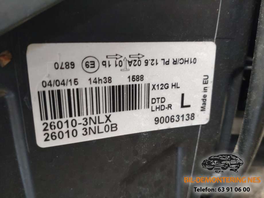 Frontlykt høyre halogen til Nissan Leaf 2011-2017 (Type I)  (26010-3NLX|26010 3NL0B|90063138)