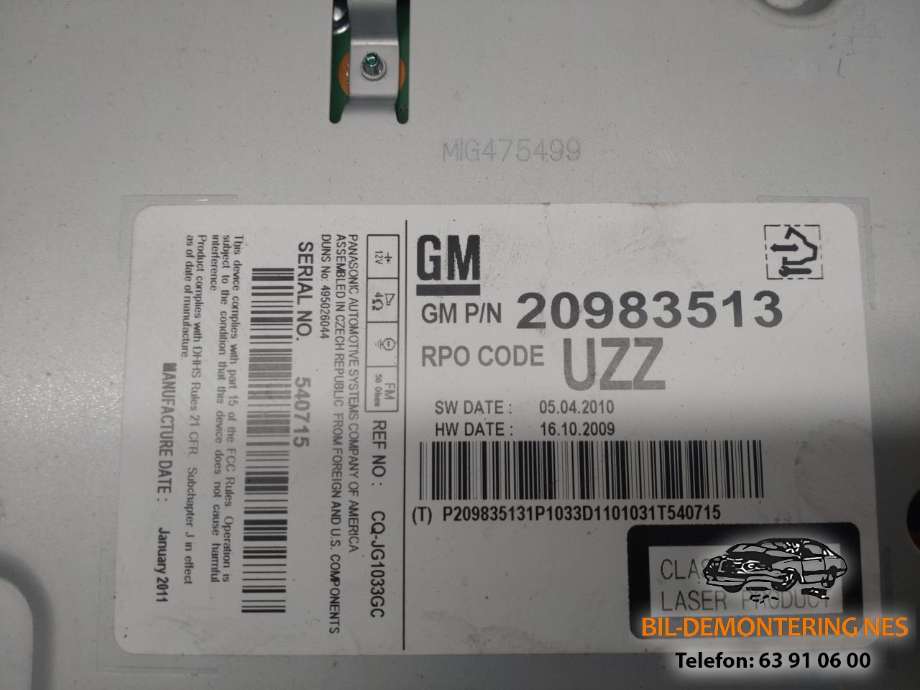Bilstereo til Opel Astra J 2010-2015  (20983516|)