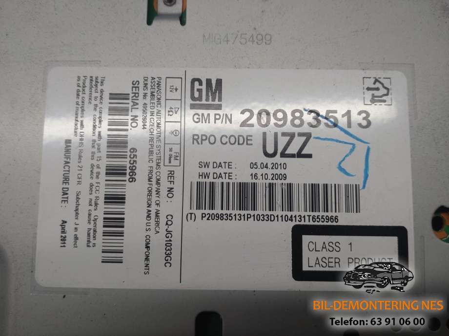 Bilstereo CD-veksler til Opel Astra J 2010-2015