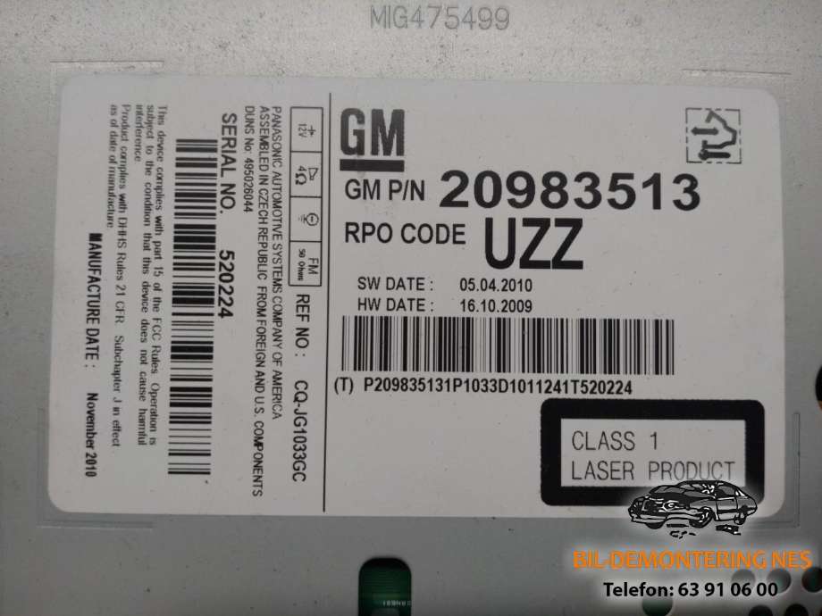 Bilstereo CD-veksler til Opel Astra J 2010-2015