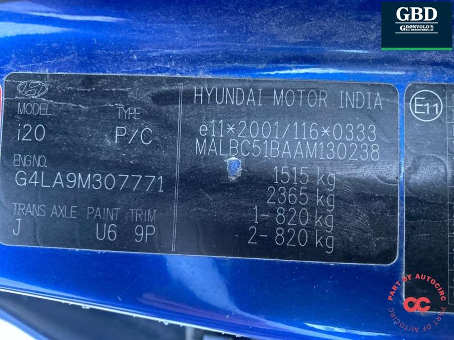 Hyundai i20 2009-2014 (Type I) , Motorkode: G4LA, Girkassekode: 