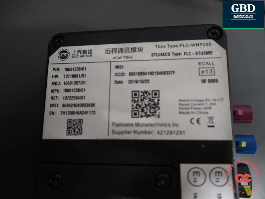 Styreenhet diverse til MG ZS EV 2019-2021 (Type I, Fase 1)  (SAIC MOTOR|10691356/01|)
