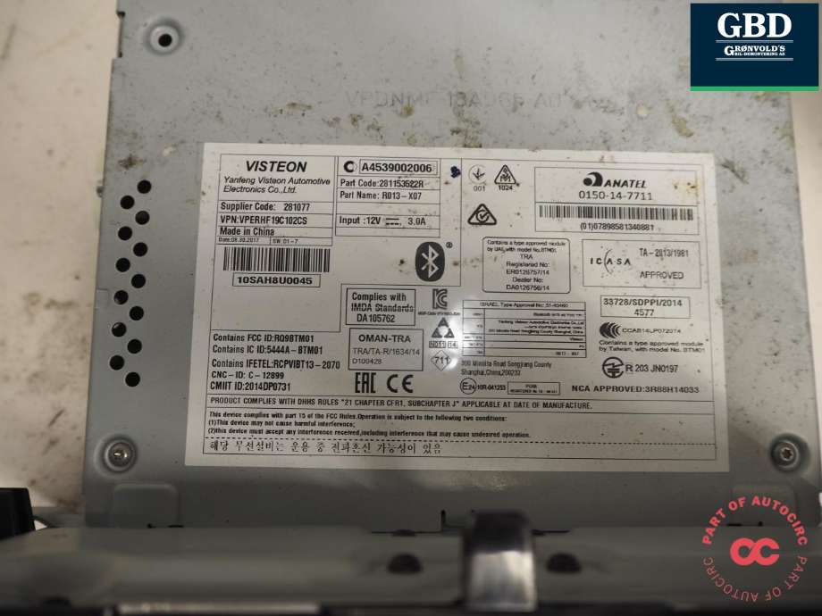Bilstereo til Smart Fortwo 2015-->> (Type III) (C453) (C453) (A 453 900 63 11|A 453 900 2006|)