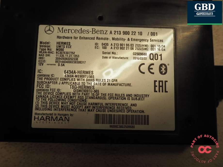 Styreenhet bluetooth til Mercedes E-Klasse 2016-2023 (W213) (W213) (A 213 900 22 10|A 213 900 80 13|)