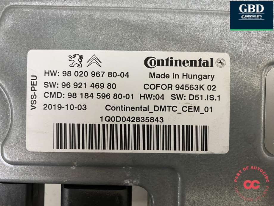 Peugeot Expert, 2016- (Type III) (CONTINENTAL|98 020 967 80|98 184 596 80)