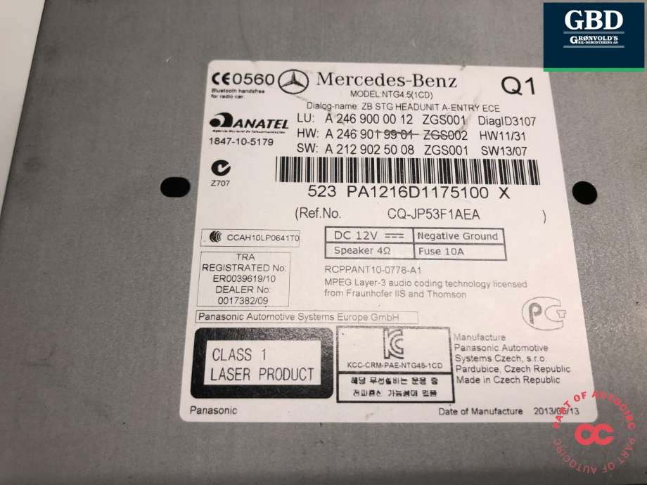 Bilstereo til Mercedes A-Klasse 2012-2018 (W176) (W176) (A 246 900 00 12|A 246 900 93 12|A 212 902 50 08| A 246 901 99 01)