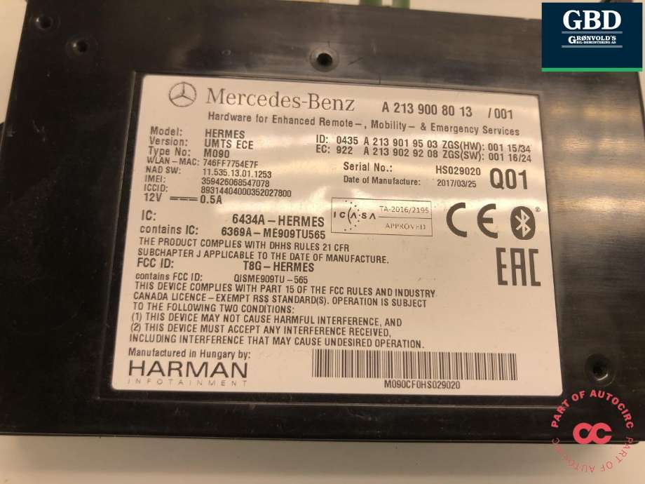 Styreenhet bluetooth til Mercedes E-Klasse 2016-2023 (W213) (W213) (A 213 900 80 13|A 213 900 36 17|)