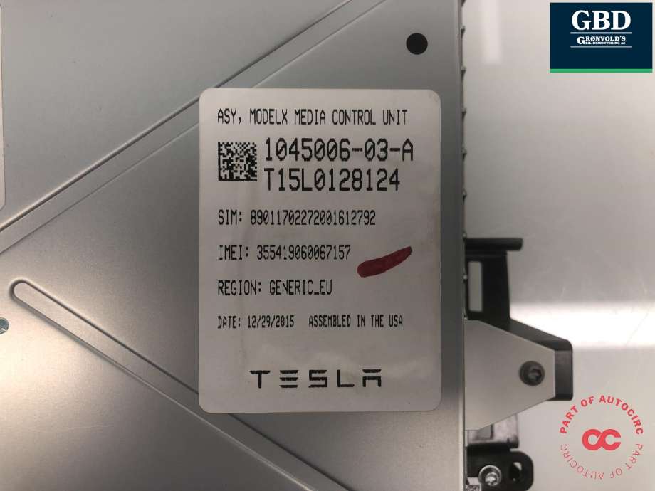Multimedia display (MCU - Media Controller Unit) til Tesla Model S 2013-2016 (Fase 1)  (1045006-03-A|)
