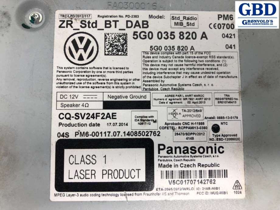 VW Golf VII, 2012-2017 (Fase 1) (5G0 035 820 AX|5G0 035 820 A|5G0035820A)