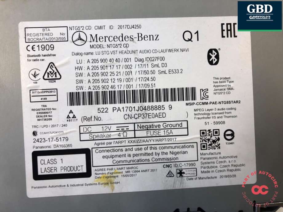 Bilstereo til Mercedes GLC 2015-2022 (X253) (X253) (MERCEDES|A 205 900 40 40/001|A 205 900 40 40|)