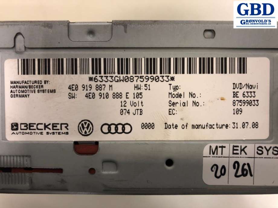 Audi A4, 2007-2014 (Type IV) (B8) (4E0 910 888 PX|4E0 919 887 M )