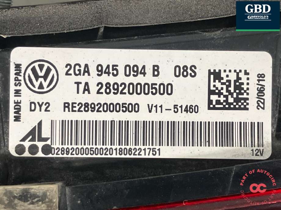 Baklykt høyre indre til VW T-Roc 2017-->>  (2GA 945 094 B|TA 2892000500|)