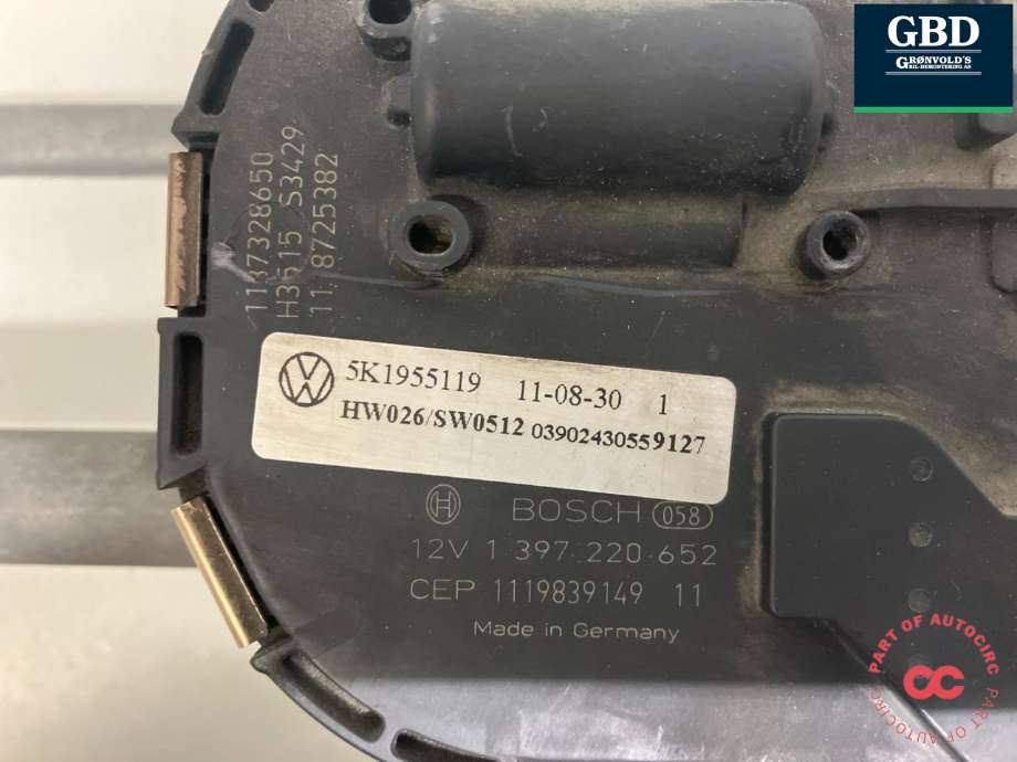 Viskermotor frontrute komplett m/overføring til VW Golf VI 2008-2012  (5K1 955 601|1Q1 955 119 C| 5K1 955 119|3 397 021 402| 5K1 955 023| 1 397 220 652)