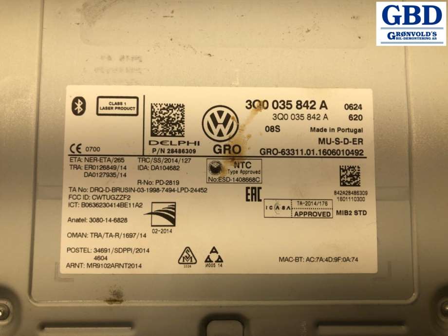 VW Golf VII, 2012-2017 (Fase 1) (3Q0 035 842 A)