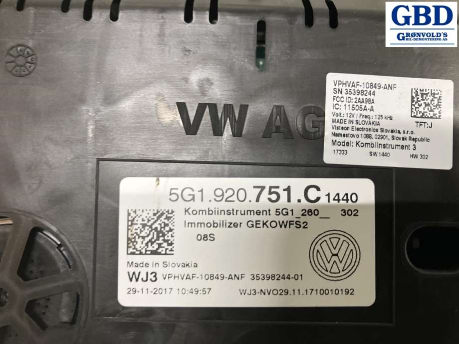 VW Golf VII, 2017-2020 (Fase 2) (5G1 920 751 C|5G1920751C|5G1260302)