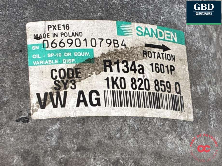Aircondition kompressor til Škoda Octavia 2009-2013 (Type II, Fase 2)  (1K0 820 808 F -  1K0 820 859 Q||1K0 820 859 QX)