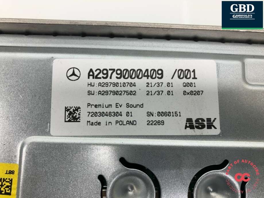 Bilstereo forsterker til Mercedes EQS 2021-->> (V297) (V297) (A 297 900 36 19|A 297 900 04 09|)