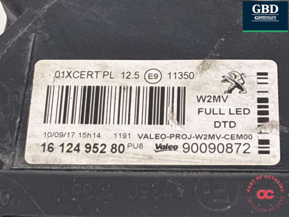 Frontlykt høyre full-LED til Peugeot 508 2014-2018 (Type I, Fase 2) (98 072 416 80|16 124 952 80|)
