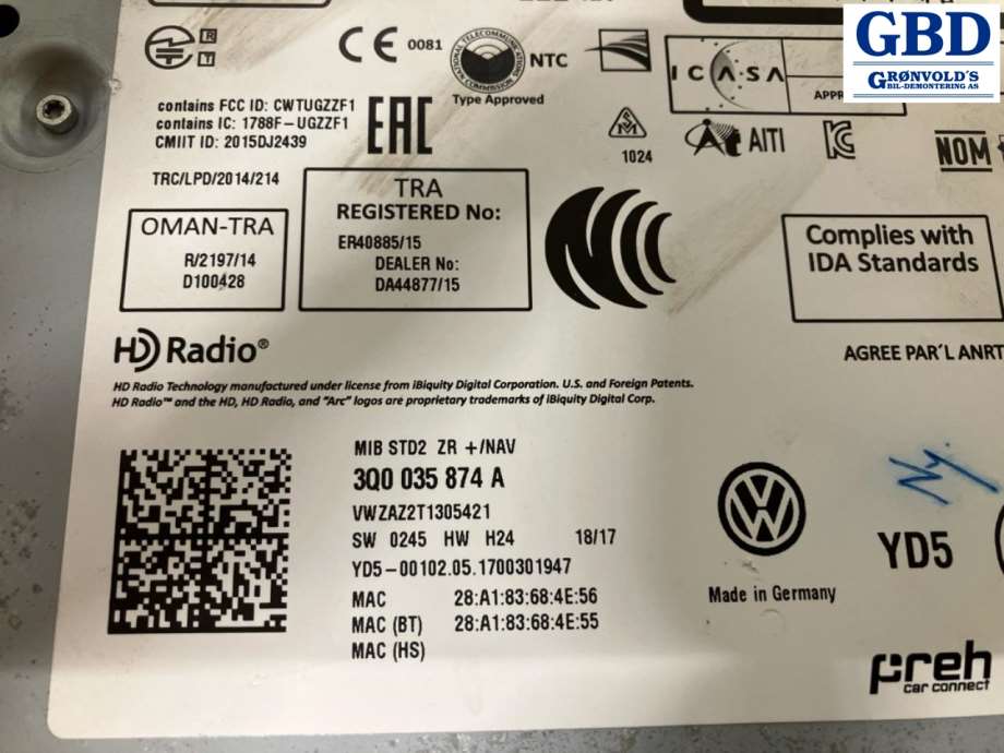 VW Golf VII, 2012-2017 (Fase 1) (3Q0 035 874 A)