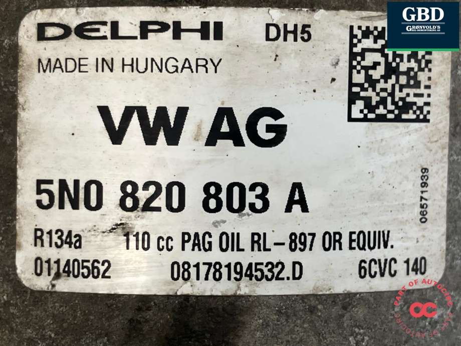 Aircondition kompressor til VW Tiguan 2007-2011 (Type I, Fase 1)  (DELPHI|1K0 820 808 F|5K0 820 803 K|5N0 820 803 C | 5K0 820 803  X| 01140562)