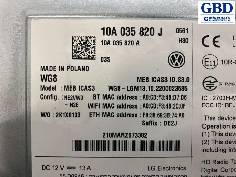 VW ID.4, 2020- (10A 035 820 J|10A 035 820 A)