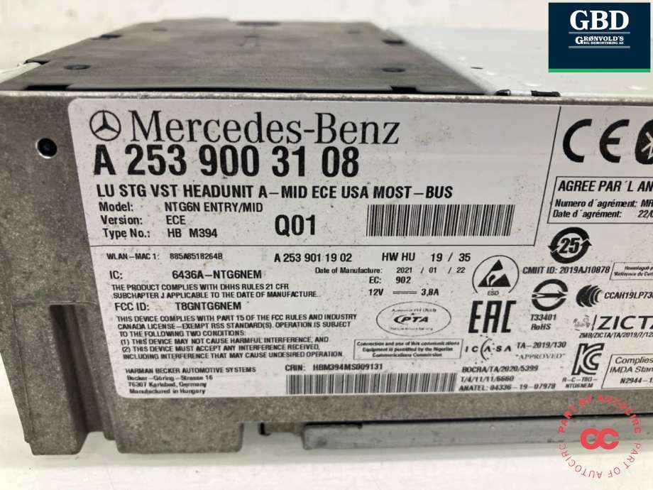 Bilstereo til Mercedes GLC 2015-2022 (X253) (X253) (A 253 900 07 09|A 253 900 31 08|A 253 900 90 08 | A 253 900 67 10)